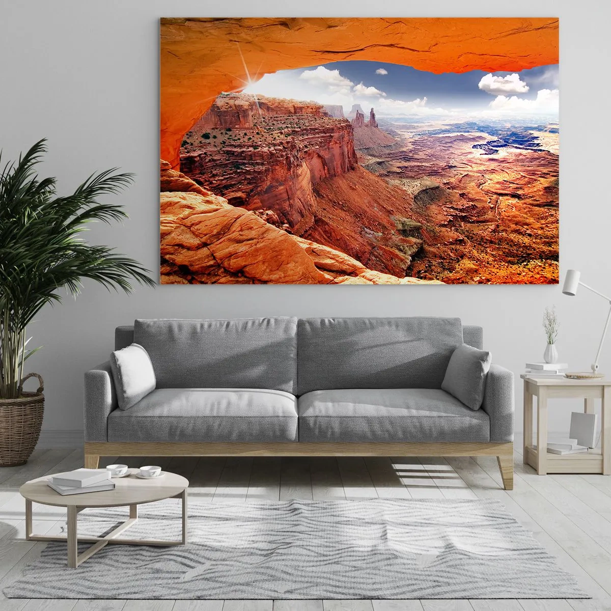 Quadro su vetro - Vista del canyon attraverso un arco di roccia con raggi di sole - 70x50cm - Scolpiti dalla natura - Decorazione murale moderna per soggiorno e camera da letto ARTTOR