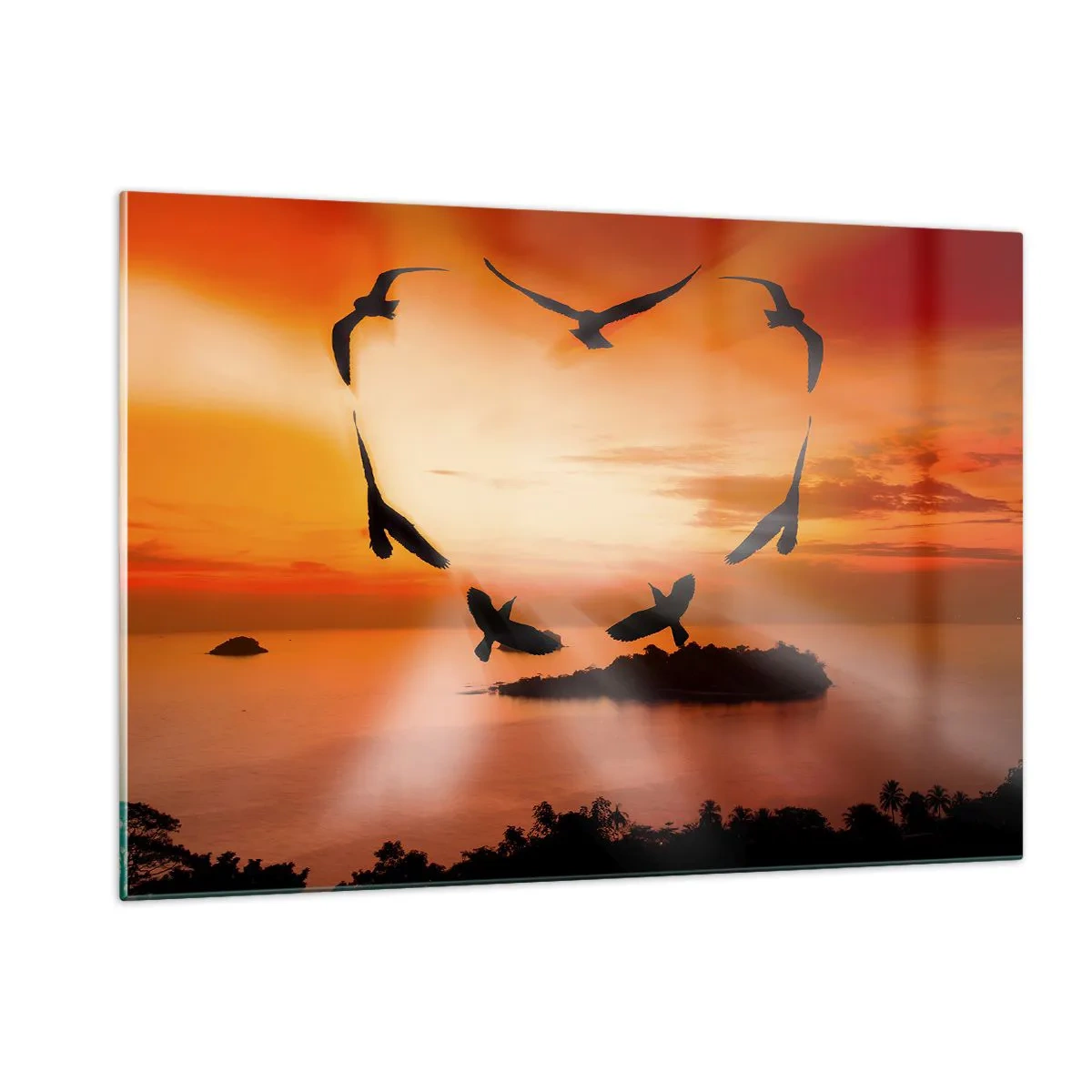 Quadro su vetro - Uccelli che formano un cuore sullo sfondo di un tramonto - 120x80cm - Ama il mondo come fanno gli uccelli - Decorazione murale moderna per soggiorno e camera da letto ARTTOR