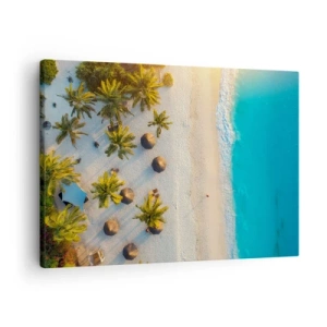 Quadro su tela - Stampe su Tela - Vista di una spiaggia tropicale con palme e mare turchese - 70x50cm - Benvenuti in paradiso - Decorazione murale moderna per soggiorno e camera da letto ARTTOR