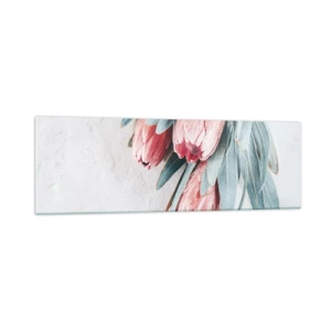 Quadro su vetro - Delicati fiori di protea rosa su uno sfondo chiaro - 160x50cm - Imbarazzati per la propria bellezza - Decorazione murale moderna per soggiorno e camera da letto ARTTOR