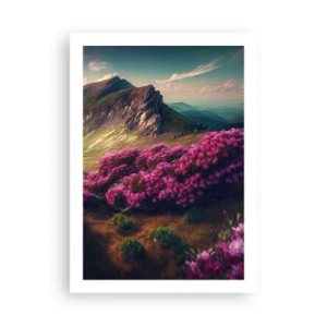 Poster - Paesaggio montano con rododendri in fiore - 50x70cm - L'estate sui monti - Decorazione murale moderna per soggiorno e camera da letto ARTTOR