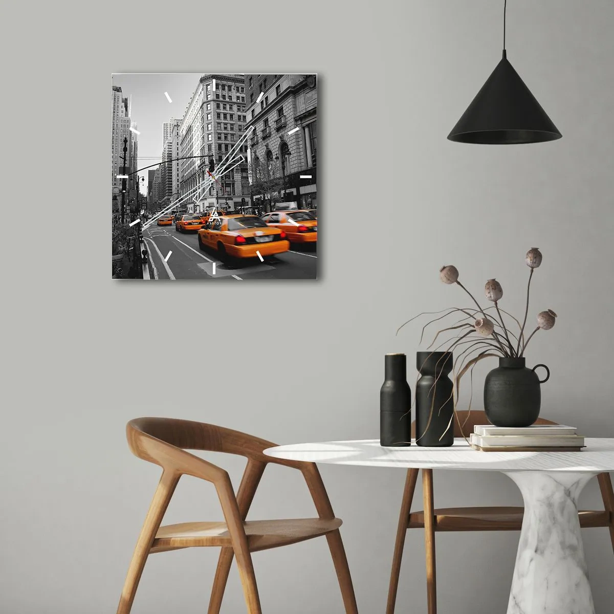 Orologio da parete - Orologio in Vetro - Taxi gialli per le strade di New York - 30x30cm - Il sole della grande città - Decorazione murale moderna per soggiorno e camera da letto ARTTOR