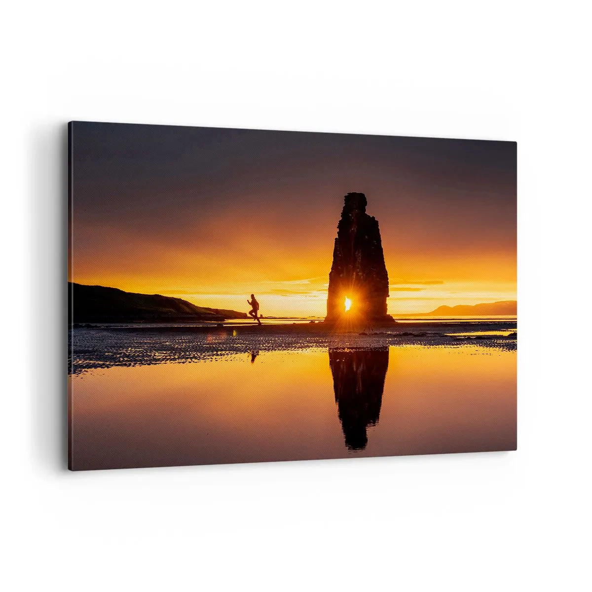 Quadro su tela - Stampe su Tela - Persona che corre sulla spiaggia al tramonto con formazione rocciosa - 100x70cm - Solo tu e la natura - Decorazione murale moderna per soggiorno e camera da letto ARTTOR