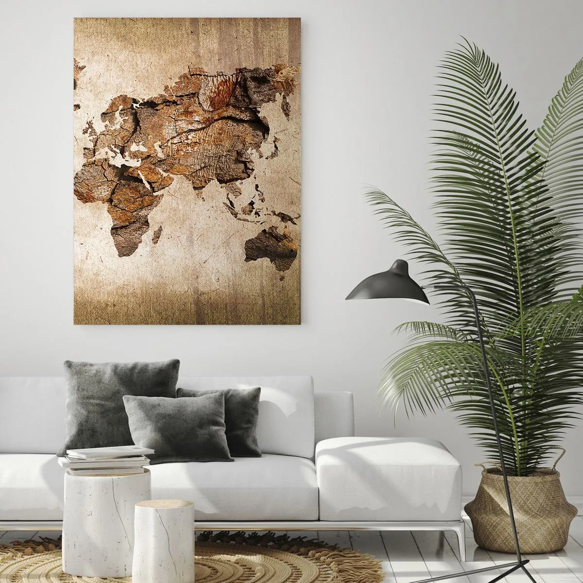 Quadro su vetro - Una mappa del mondo in tonalità marroni che imitano il legno - 50x70cm - Alla scoperta del mondo - Decorazione murale moderna per soggiorno e camera da letto ARTTOR