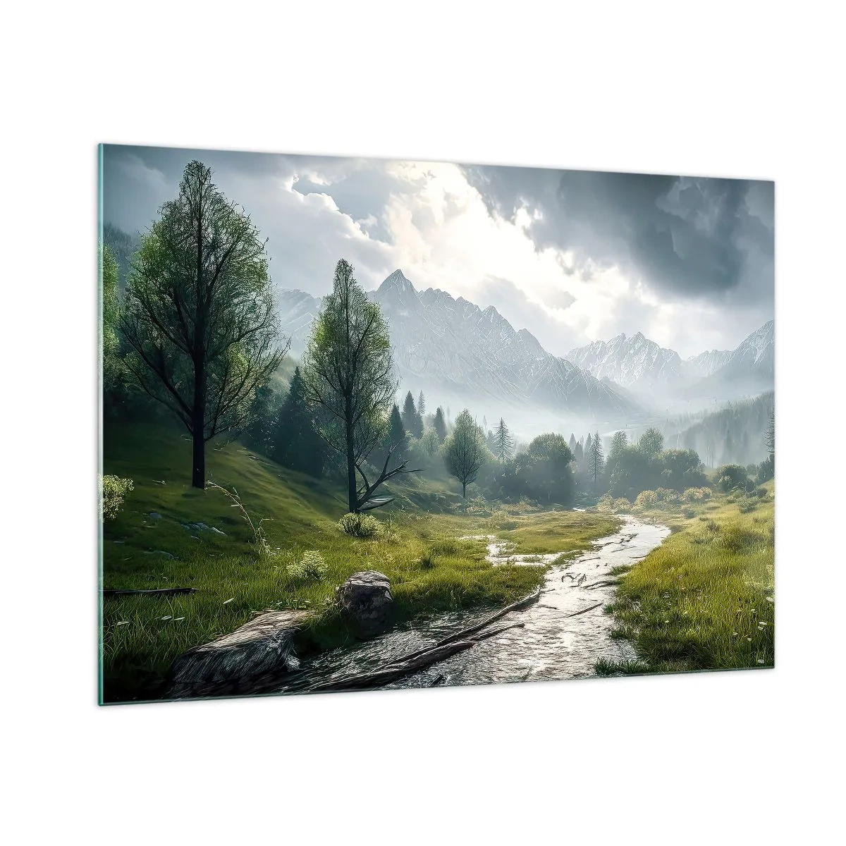 Quadro su vetro - Un paesaggio montano con un ruscello e una valle verde al mattino - 100x70cm - Andata e ritorno - Decorazione murale moderna per soggiorno e camera da letto ARTTOR
