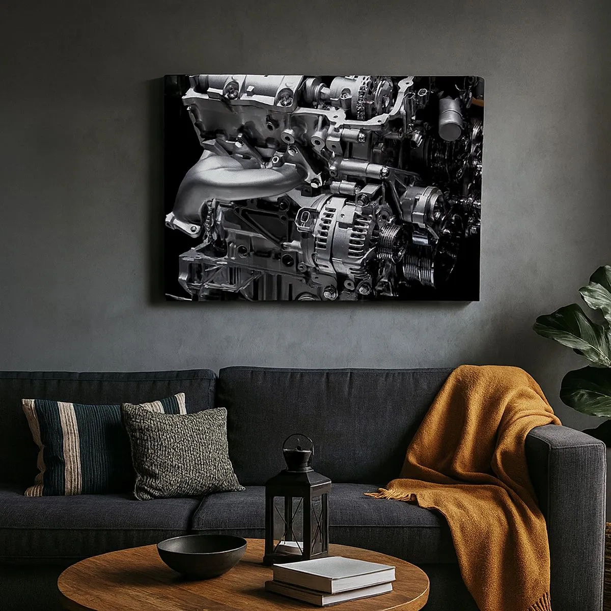 Quadro su tela - Stampe su Tela - Primo piano delle parti metalliche del motore su uno sfondo nero - 70x50cm - D'acciaio, bello, forte - Decorazione murale moderna per soggiorno e camera da letto ARTTOR