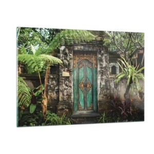 Quadro su vetro - Porta turchese decorata in un muro di pietra circondato da vegetazione tropicale - 120x80cm - Le porte verso un mondo esotico - Decorazione murale moderna per soggiorno e camera da letto ARTTOR