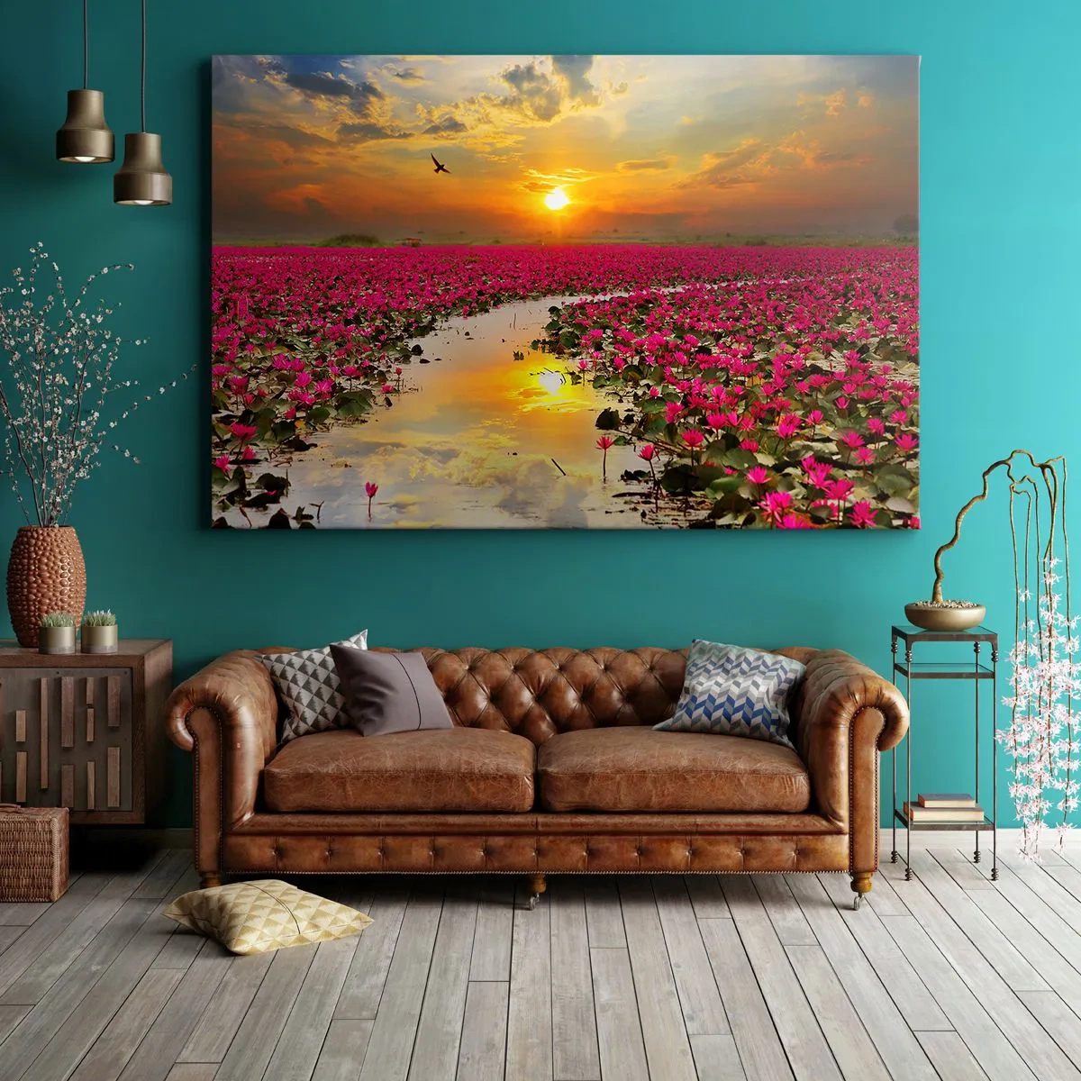 Quadro su tela - Stampe su Tela - Un campo di ninfee rosa al tramonto - 120x80cm - La vita segreta del lago - Decorazione murale moderna per soggiorno e camera da letto ARTTOR