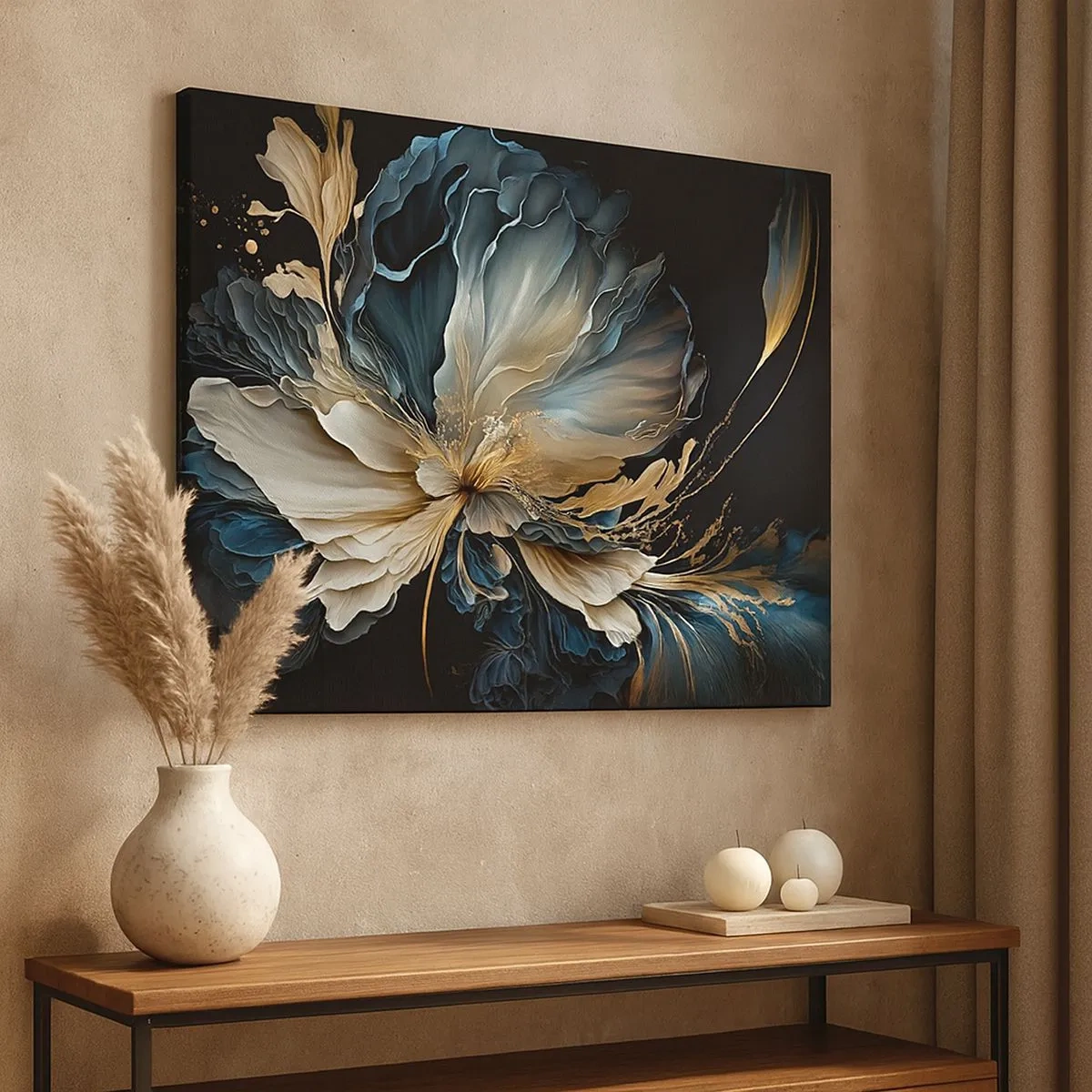 Quadro su tela - Stampe su Tela - Un fiore nei toni dell'oro e del blu navy su uno sfondo nero - 70x50cm - Fantastico fiore di felce - Decorazione murale moderna per soggiorno e camera da letto ARTTOR