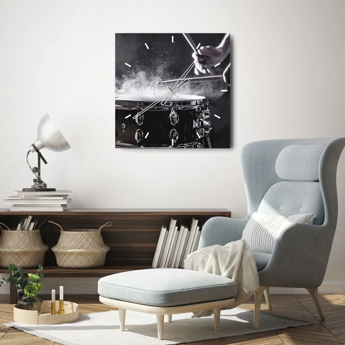 Orologio da parete - Orologio in Vetro - Colpire il rullante con le bacchette con effetto polvere - 30x30cm - Il polso della musica - Decorazione murale moderna per soggiorno e camera da letto ARTTOR