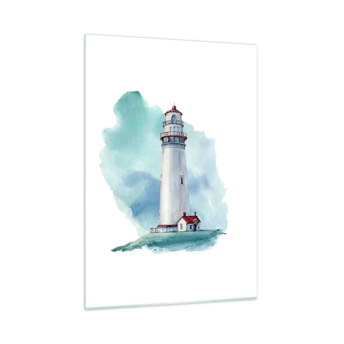 Quadro su vetro - Un faro contro un cielo blu acquerello - 50x70cm - Il mite amico del blu - Decorazione murale moderna per soggiorno e camera da letto ARTTOR
