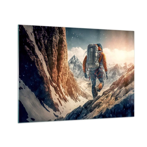 Quadro su vetro - Un escursionista che scala un pendio roccioso e innevato - 70x50cm - Guerriero solitario - Decorazione murale moderna per soggiorno e camera da letto ARTTOR