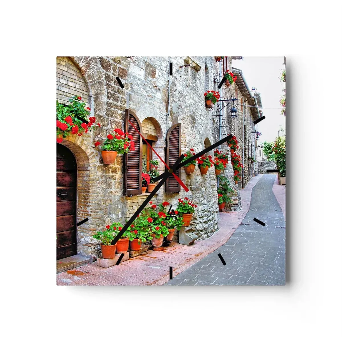 Orologio da parete - Orologio in Vetro - Una strada stretta con edifici in pietra decorati con vasi di fiori - 30x30cm - Atmosfera italiana - Decorazione murale moderna per soggiorno e camera da letto ARTTOR
