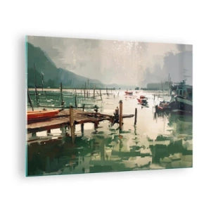 Quadro su vetro - Un molo di legno e barche su acque calme circondate da montagne - 70x50cm - Imbevuto di luna fusa - Decorazione murale moderna per soggiorno e camera da letto ARTTOR