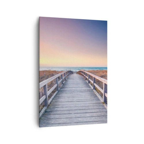 Quadro su tela - Stampe su Tela - Un molo di legno che conduce alla spiaggia al tramonto, con il cielo dipinto di colori pastello. - 70x100cm - Aurora serale baltica - Decorazione murale moderna per soggiorno e camera da letto ARTTOR