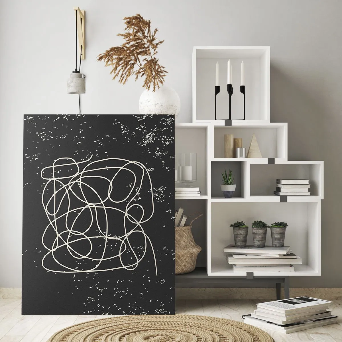 Quadro su vetro - Linea astratta a forma di groviglio su uno sfondo nero strutturato - 50x70cm - Il caos dei pensieri - Decorazione murale moderna per soggiorno e camera da letto ARTTOR