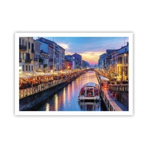 Poster - Un canale illuminato circondato da edifici colorati - 100x70cm - Sera di luce e di divertimento - Decorazione murale moderna per soggiorno e camera da letto ARTTOR
