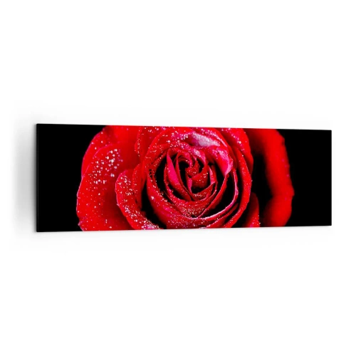 Quadro su tela - Stampe su Tela - Una rosa rossa ricoperta di gocce di rugiada su uno sfondo nero. - 160x50cm - Ecco l'amore - Decorazione murale moderna per soggiorno e camera da letto ARTTOR