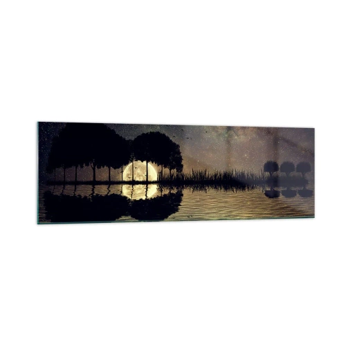 Quadro su vetro - Una notte magica con gli alberi e la luna riflessa sull'acqua - 160x50cm - Notte ai confini del mondo - Decorazione murale moderna per soggiorno e camera da letto ARTTOR