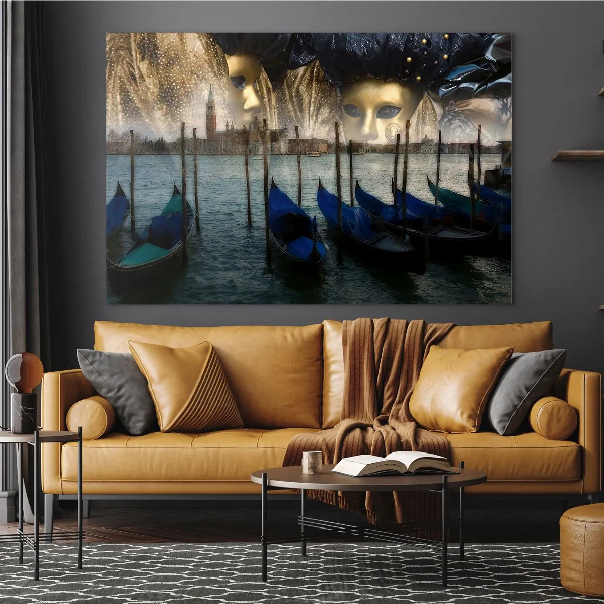 Quadro su vetro - Venezia con gondole e maschere di carnevale - 120x80cm - È ora di iniziare il carnevale - Decorazione murale moderna per soggiorno e camera da letto ARTTOR