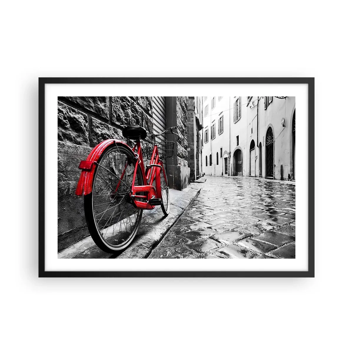 Poster in cornice nera - Bicicletta rossa in una strada bianca e nera - 70x50cm - La vera bellezza non invecchia - Decorazione murale moderna per soggiorno e camera da letto ARTTOR