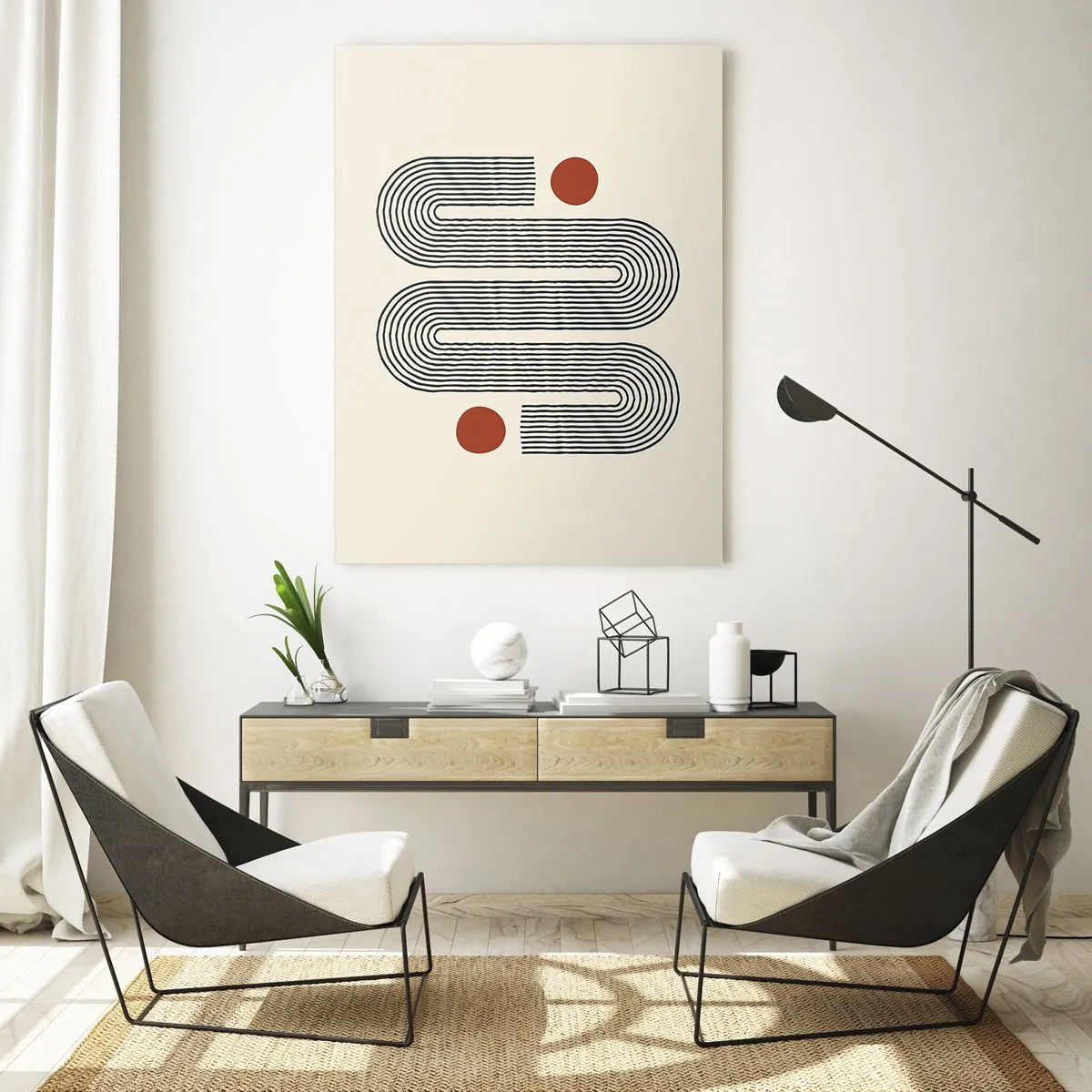 Quadro su vetro - Motivo geometrico con linee e cerchi arancioni - 80x120cm - Dall'inizio alla fine - Decorazione murale moderna per soggiorno e camera da letto ARTTOR
