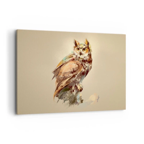 Quadro su tela - Stampe su Tela - Ritratto artistico di un gufo su uno sfondo chiaro dalle tonalità calde. - 120x80cm - Il gufo più saggio - il querceto lo conferma - Decorazione murale moderna per soggiorno e camera da letto ARTTOR