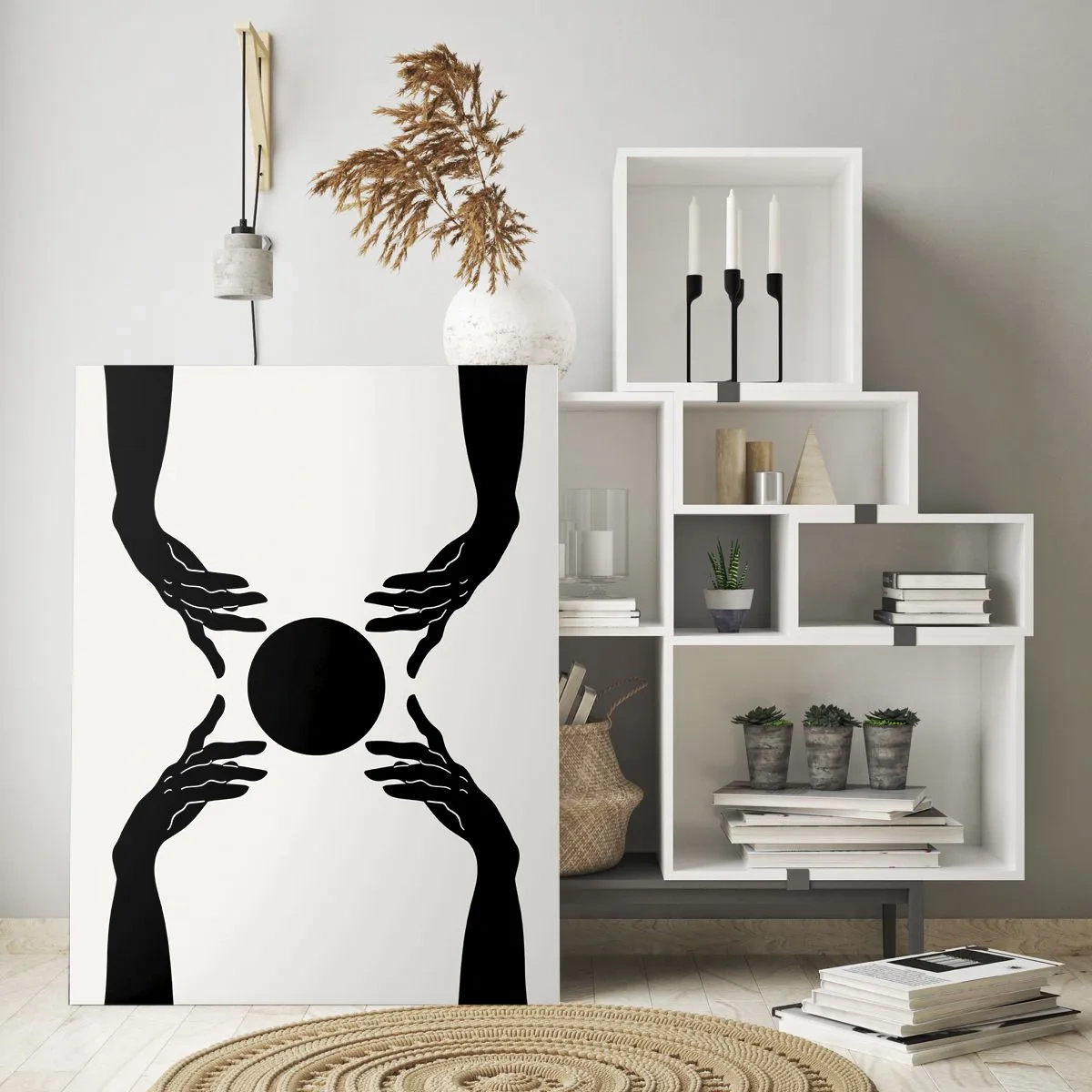 Quadro su vetro - Mani nere attorno a un cerchio nero su uno sfondo chiaro - 50x70cm - Segno misterioso - Decorazione murale moderna per soggiorno e camera da letto ARTTOR