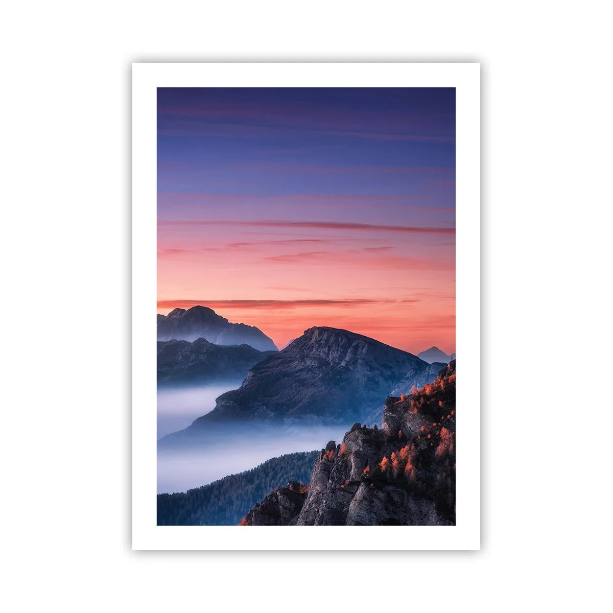 Poster - Pittoresco paesaggio montano al tramonto - 50x70cm - Sopra le valli - Decorazione murale moderna per soggiorno e camera da letto ARTTOR