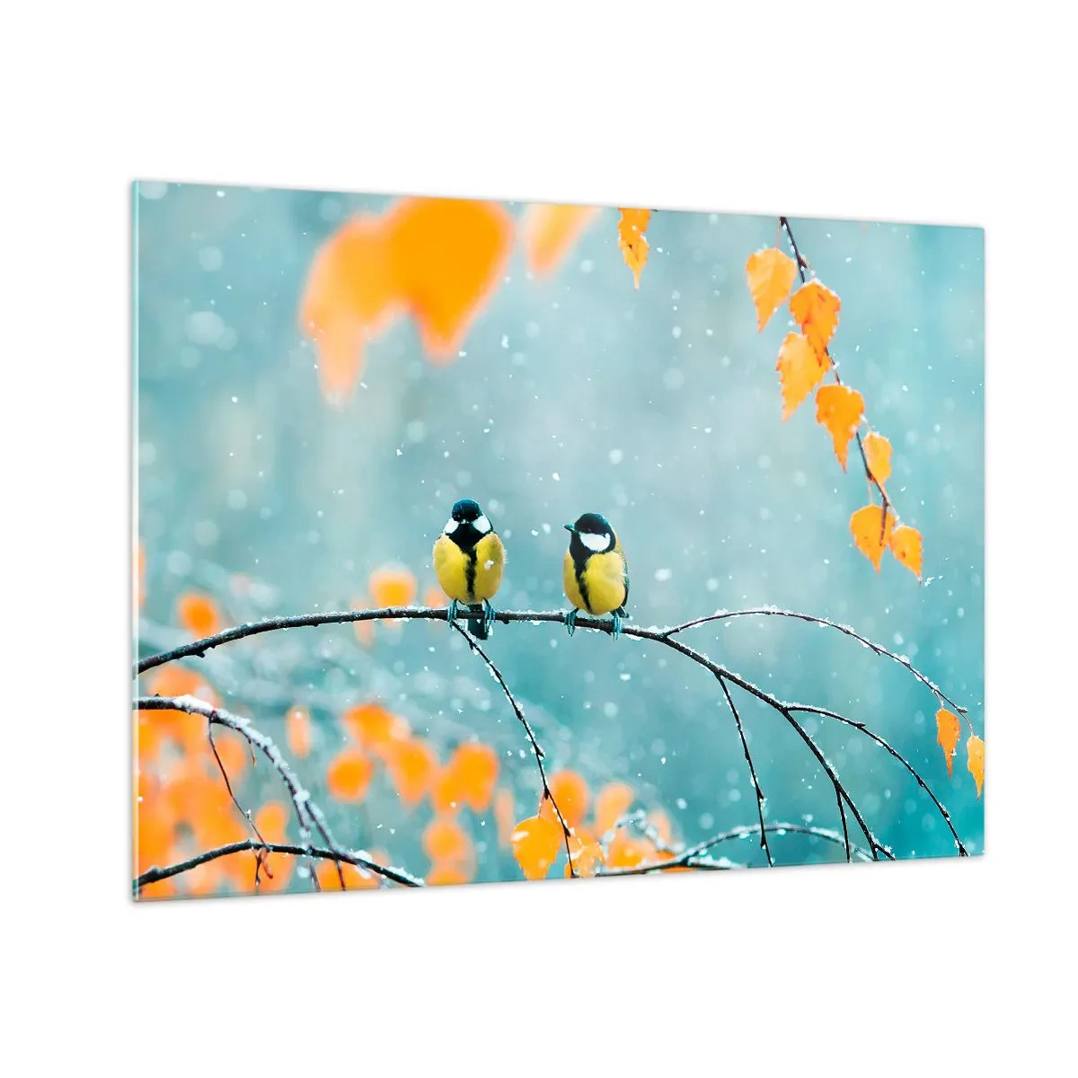 Quadro su vetro - Due cinciallegre sedute su un ramoscello tra le foglie che cadono - 70x50cm - Pettegolezzi alati - Decorazione murale moderna per soggiorno e camera da letto ARTTOR