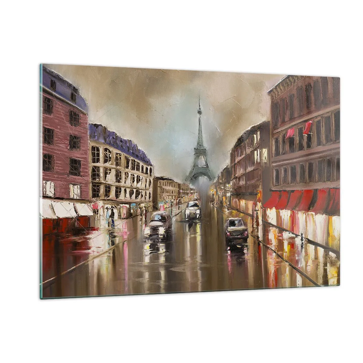 Quadro su vetro - Strada serale di Parigi con vista sulla Torre Eiffel - 120x80cm - Conta solo lei - Decorazione murale moderna per soggiorno e camera da letto ARTTOR