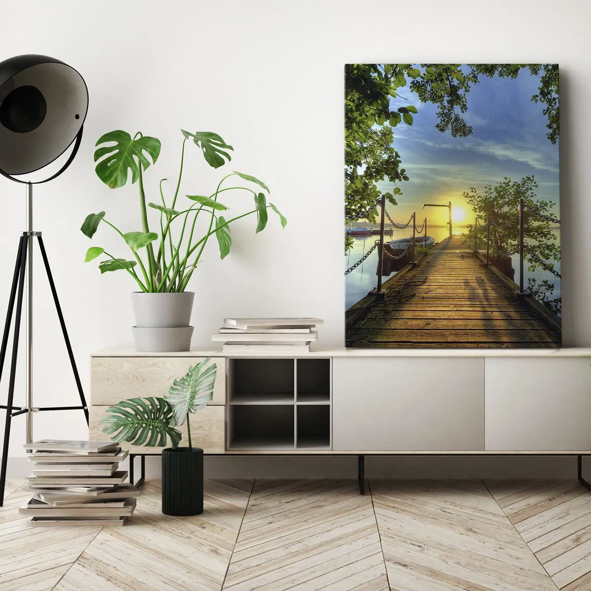 Quadro su tela - Stampe su Tela - Un molo sul lago sotto i raggi del tramonto - 70x100cm - Tramonto sul lago - Decorazione murale moderna per soggiorno e camera da letto ARTTOR