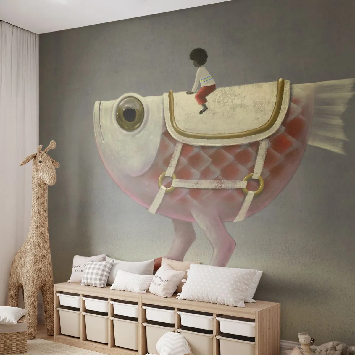 Fotomurali Premium Sand - Il cavaliere del pesce - Astrazione, Pescare, Per bambini - 350x256 cm
