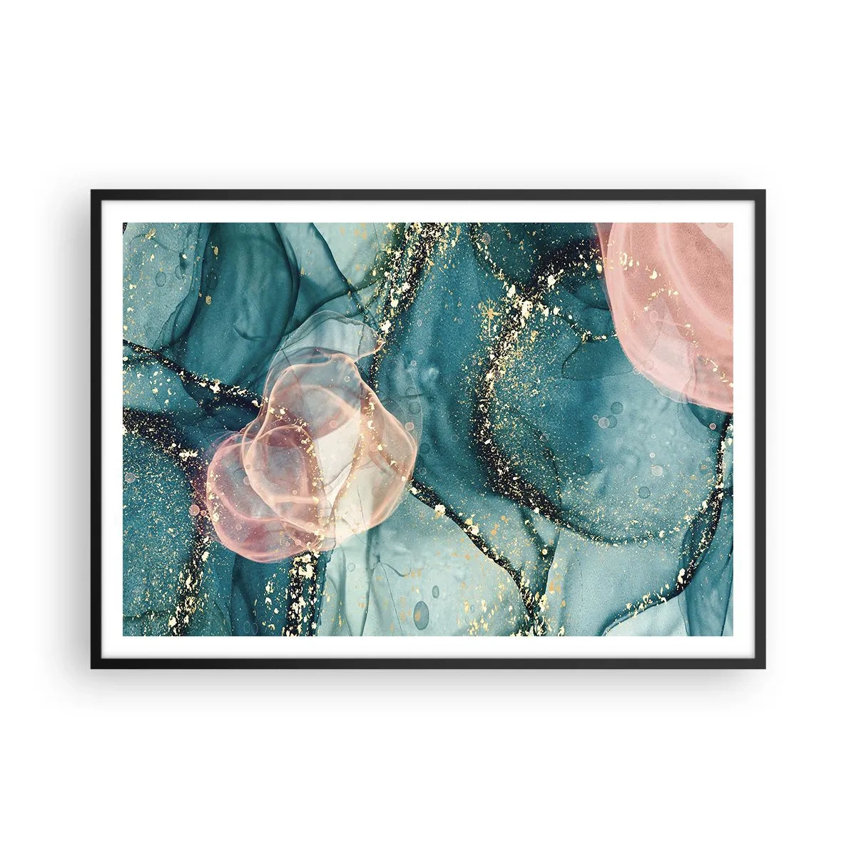 Poster in cornice nera - Una composizione astratta nei toni del turchese e dell'oro. - 100x70cm - Blu di seta, rosa di tulle - Decorazione murale moderna per soggiorno e camera da letto ARTTOR