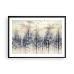Poster in cornice nera - Foresta nebbiosa con uccelli contro il cielo al tramonto - 70x50cm - Lo spirito della foresta - Decorazione murale moderna per soggiorno e camera da letto ARTTOR