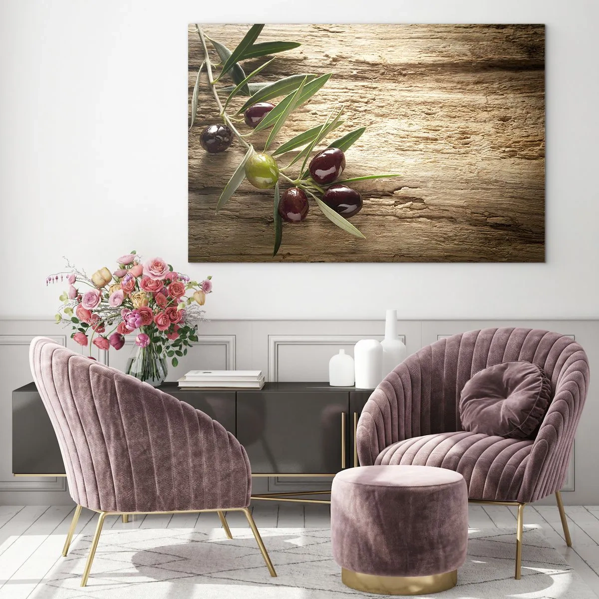Quadro su vetro - Ramo d'ulivo su uno sfondo di legno - 100x70cm - Direttamente dalla natura - Decorazione murale moderna per soggiorno e camera da letto ARTTOR