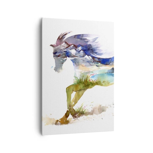 Quadro su tela - Stampe su Tela - Acquerello di un cavallo con un paesaggio montano in silhouette - 70x100cm - Direttamente dal prato al cielo - Decorazione murale moderna per soggiorno e camera da letto ARTTOR