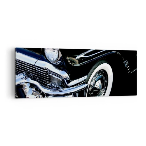 Quadro su tela - Stampe su Tela - Primo piano del faro e del parafango di un'auto classica nera - 140x50cm - Classicità in argento, nero e bianco - Decorazione murale moderna per soggiorno e camera da letto ARTTOR
