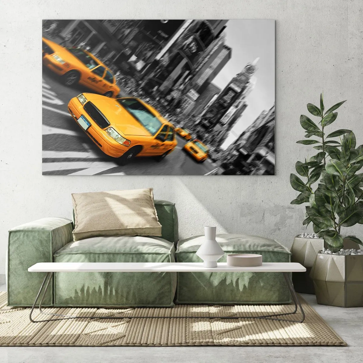 Quadro su vetro - Taxi gialli sullo sfondo delle strade cittadine in bianco e nero - 70x50cm - Gocce di sole a New York - Decorazione murale moderna per soggiorno e camera da letto ARTTOR