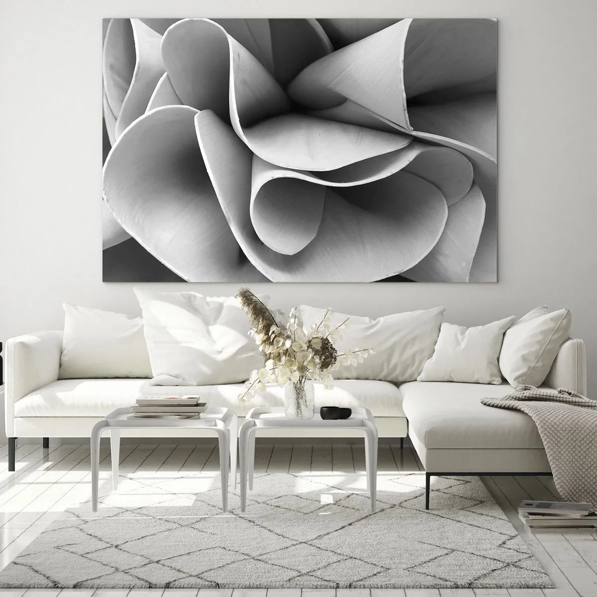 Quadro su vetro - Primo piano in bianco e nero di forme a spirale astratte - 70x50cm - Avviene nello spazio - Decorazione murale moderna per soggiorno e camera da letto ARTTOR