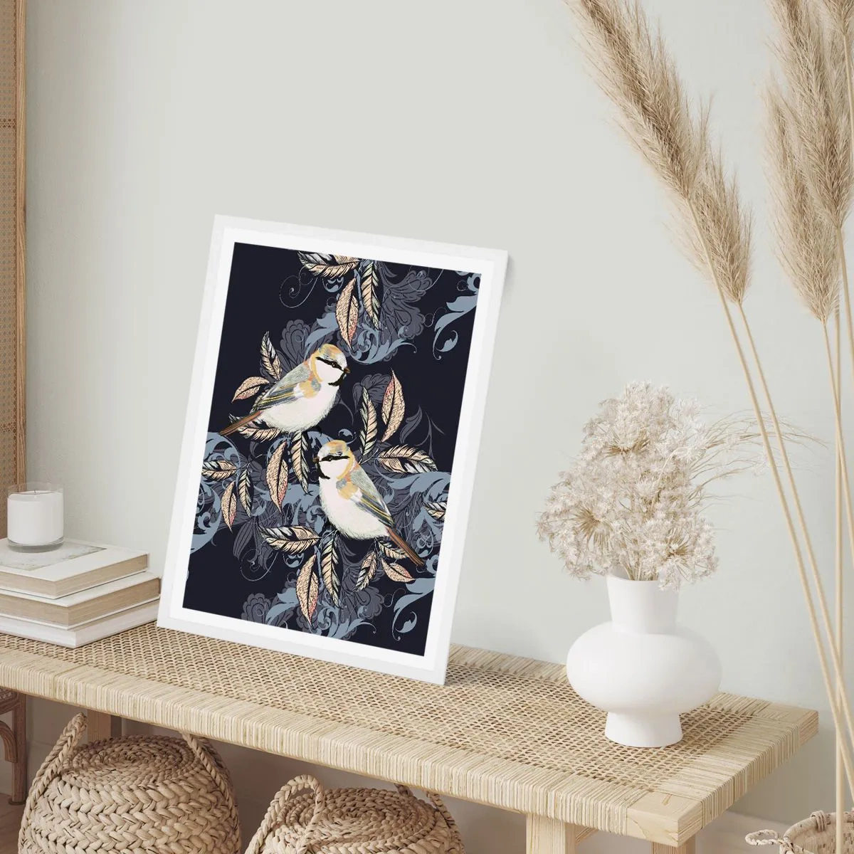 Poster in cornice bianca - Cinguettio oro e blu - 70x100 cm