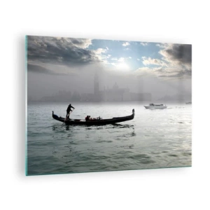 Quadro su vetro - Gondola sulle acque di Venezia in una mattina nebbiosa - 70x50cm - Città magica di acqua e nebbia - Decorazione murale moderna per soggiorno e camera da letto ARTTOR