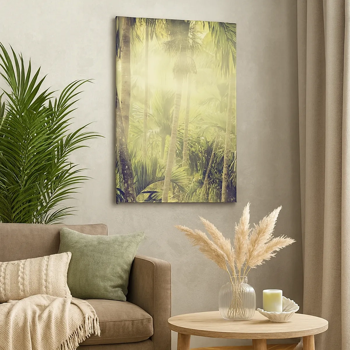 Quadro su tela - Stampe su Tela - Raggi di sole in una foresta tropicale di palme - 50x70cm - Nell'afa verde - Decorazione murale moderna per soggiorno e camera da letto ARTTOR