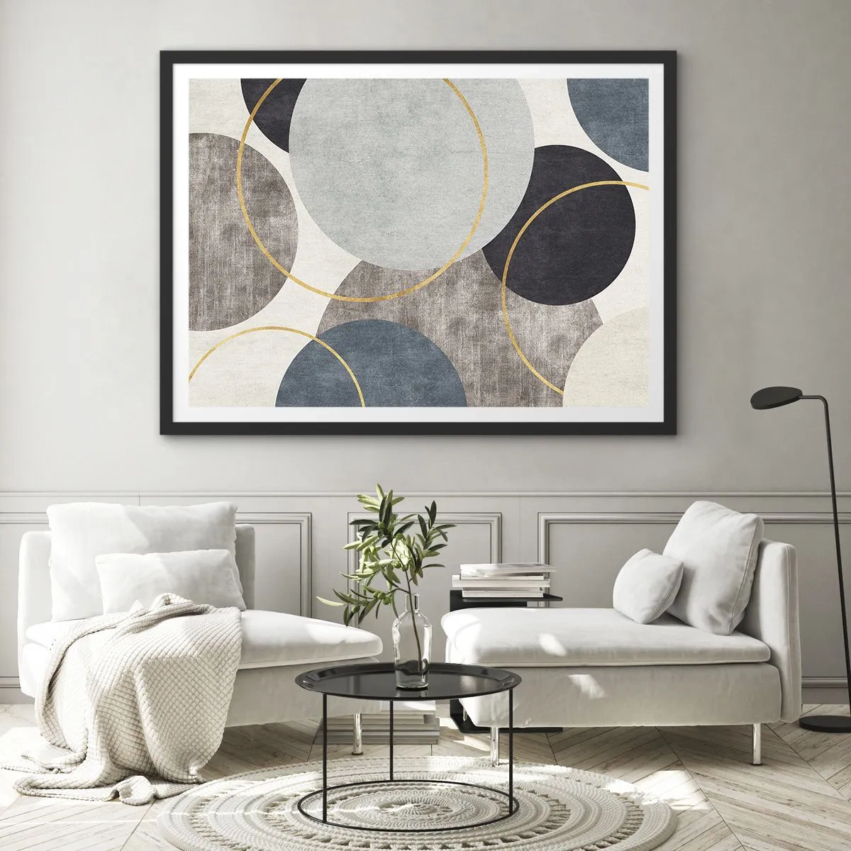 Poster in cornice nera - Cerchi geometrici nelle tonalità del grigio, blu e oro - 100x70cm - Un cerchio dietro l'altro - Decorazione murale moderna per soggiorno e camera da letto ARTTOR