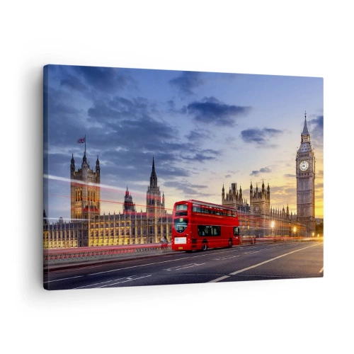 Quadro su tela - Stampe su Tela - Un autobus rosso con il Big Ben e il Parlamento sullo sfondo al tramonto. - 70x50cm - Segni particolari - Decorazione murale moderna per soggiorno e camera da letto ARTTOR