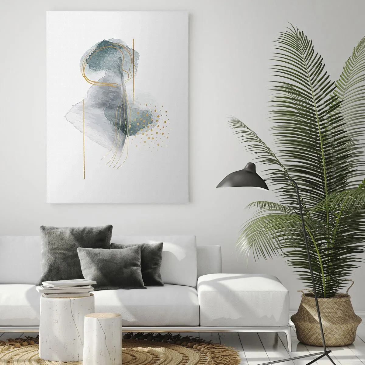 Quadro su vetro - Una composizione astratta nei toni del turchese e dell'oro. - 80x120cm - Sui legami del grigio e dell'oro - Decorazione murale moderna per soggiorno e camera da letto ARTTOR