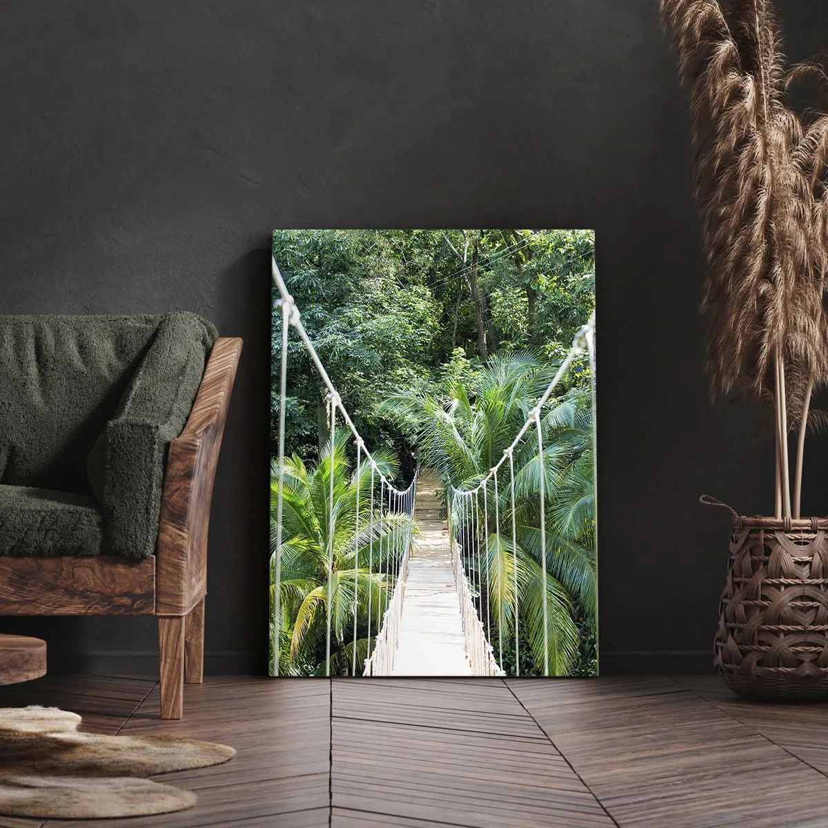 Quadro su tela - Stampe su Tela - Un ponte sospeso in una giungla tropicale piena di verde - 50x70cm - Welcome to the jungle! - Decorazione murale moderna per soggiorno e camera da letto ARTTOR