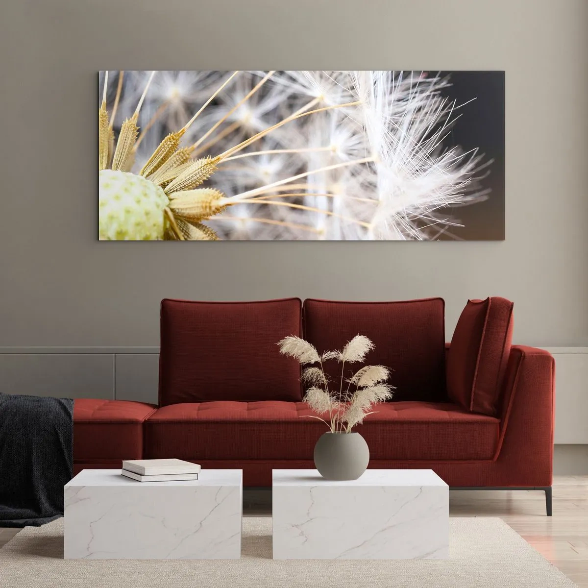 Quadro su vetro - Macrofotografia di un dente di leone con semi delicati - 140x50cm - Subito prima del decollo - Decorazione murale moderna per soggiorno e camera da letto ARTTOR