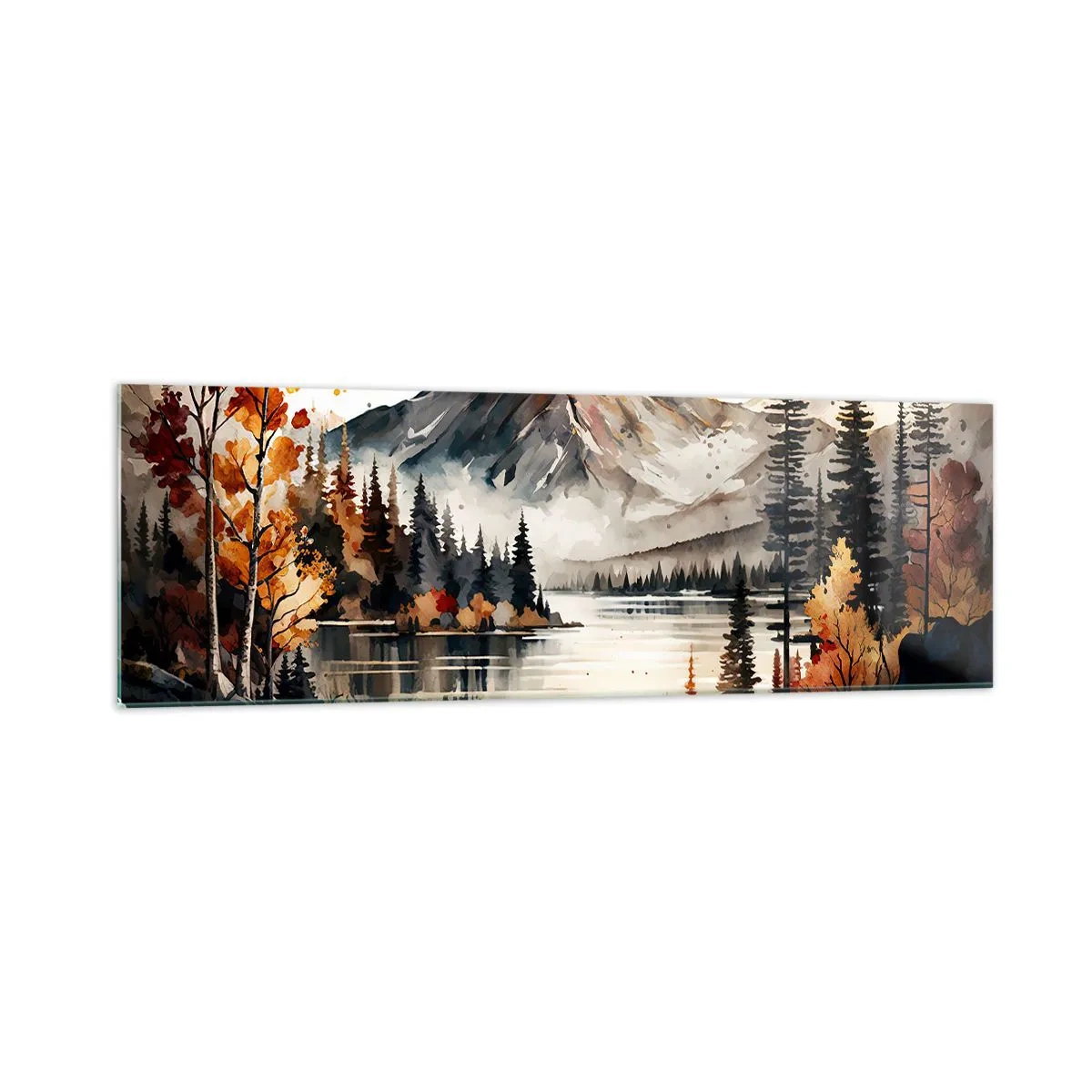 Quadro su vetro - Paesaggio montano autunnale con lago e alberi in acquerello - 160x50cm - L'autunno dorato sui monti - Decorazione murale moderna per soggiorno e camera da letto ARTTOR