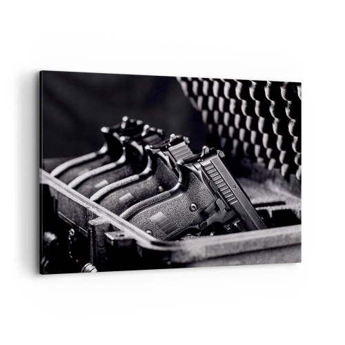 Quadro su tela - Stampe su Tela - Un'immagine in bianco e nero di una pila di armi in una valigia. - 100x70cm - Sport maschile - Decorazione murale moderna per soggiorno e camera da letto ARTTOR